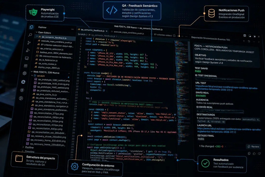 Workflow técnico de FDICYL con Antigravity, Playwright, QA semántico, notificaciones push y validación automatizada.