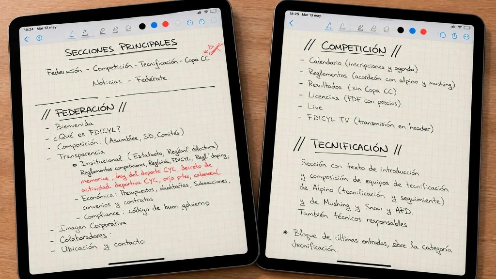 Notas iniciales de arquitectura de información de FDICYL realizadas en GoodNotes.