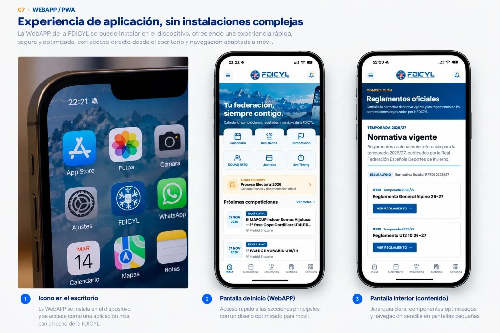 WebAPP de FDICYL instalada en iPhone, con pantalla de inicio y pantalla interior de contenidos.