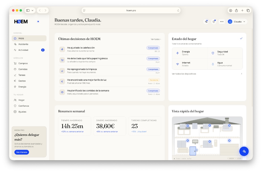 MVP de HOEM con interfaz desktop para gestionar decisiones, actividad y estado del hogar